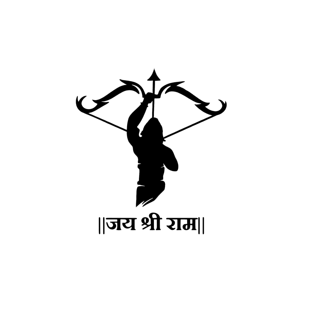 The image shows a silhouette of Lord Rama in a dynamic pose, drawing a bow with his right hand, symbolizing strength, valor, and devotion. Above him is the phrase "जय श्री राम" (Jai Shri Ram), meaning "Hail Lord Ram" in Hindi, written in bold Devanagari script. The design is bold and minimalist, with clean lines and a strong, black silhouette against a white background, evoking a sense of power and reverence associated with Lord Rama.