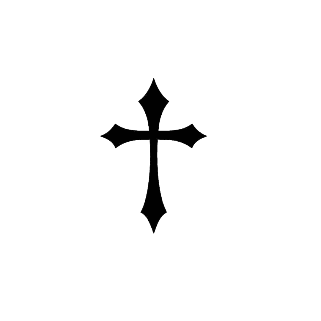 A bold black Gothic-style cross tattoo design with pointed ends on each arm, featuring a slightly curved vertical line and symmetrical horizontal arms, centered on a plain white background.