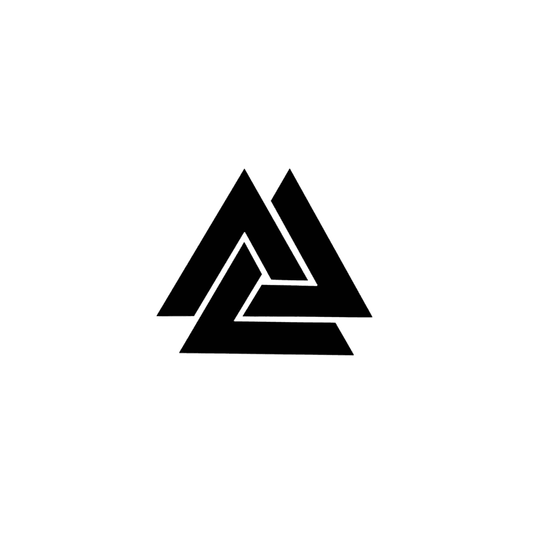 A bold black Valknut symbol composed of three interlocking triangles on a white background.