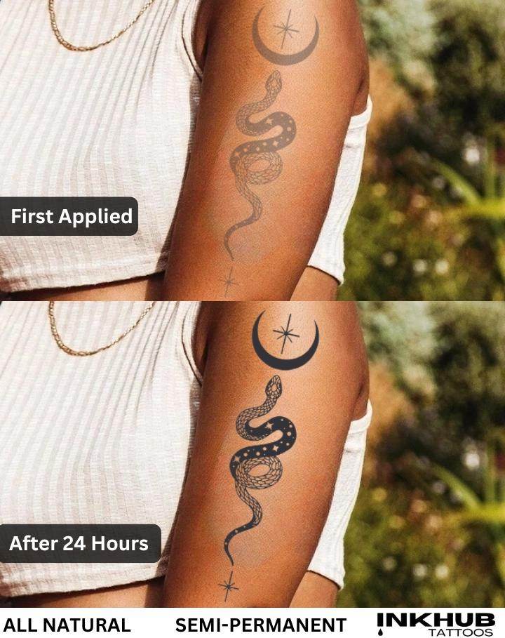 A close-up showing INKHUB’s semi-permanent snake and moon tattoo on a woman's arm — freshly applied vs. fully developed after 24 hours.