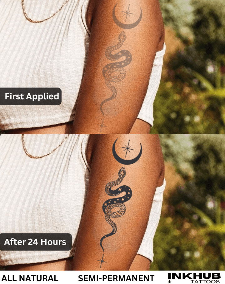 A close-up showing INKHUB’s semi-permanent snake and moon tattoo on a woman's arm — freshly applied vs. fully developed after 24 hours.