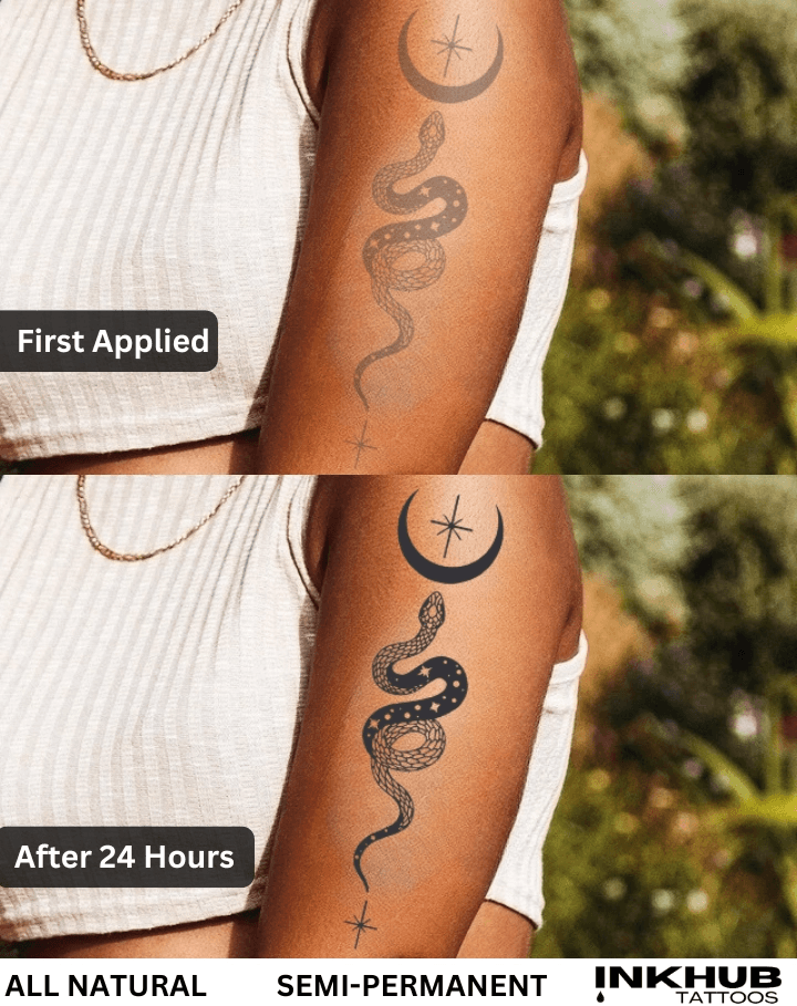 A close-up showing INKHUB’s semi-permanent snake and moon tattoo on a woman's arm — freshly applied vs. fully developed after 24 hours.